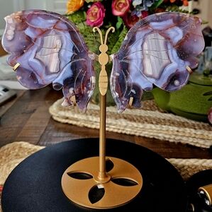 Gorgeous And Vibrant Blue Flower Agate Wings! 8.6" X 8.0" With Stand, Nice Size!